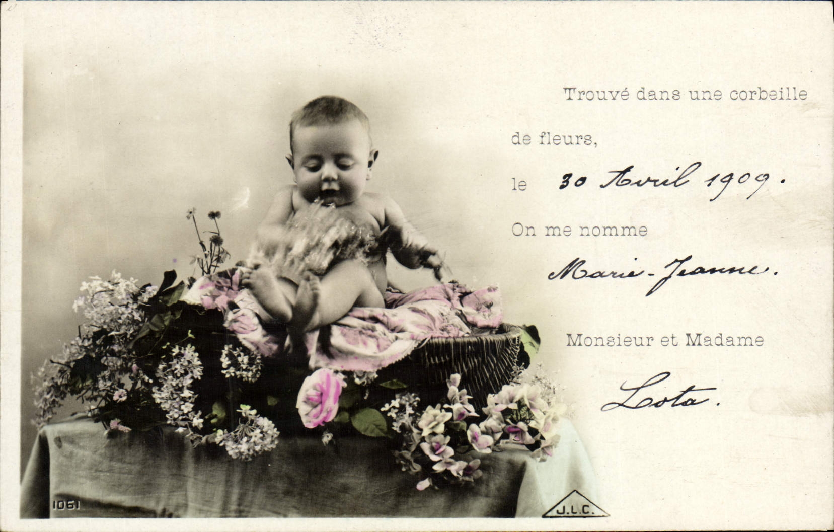 Né dans une corbeille de fleurs — 30 avril 1909 — J.L.C. n°1061