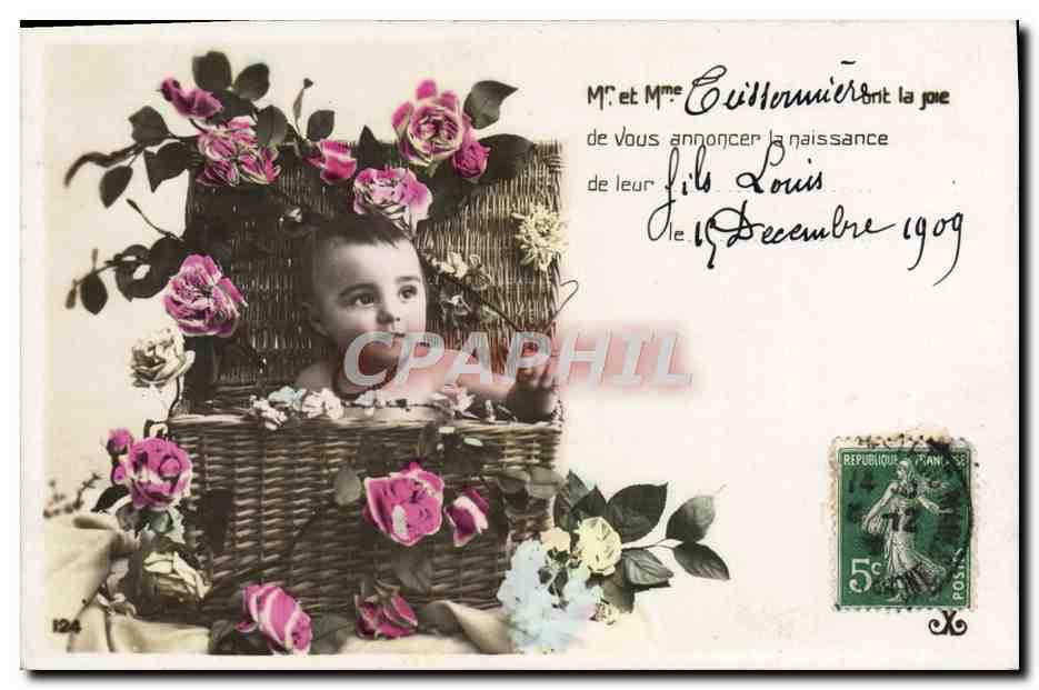 Nouveau-né dans un panier de roses — carte de naissance — éditeur inconnu, n° 124