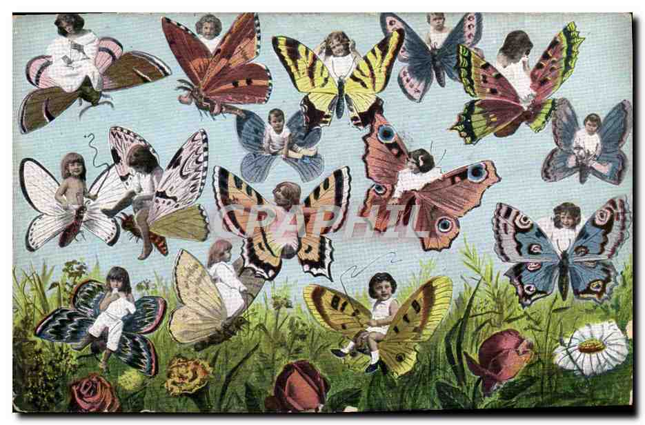 Enfants et papillons — illustration fantastique — Union postale universelle
