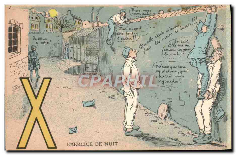 Exercice de nuit — scène de soldats en pleine nuit — éditeur D. D. Rep. Interd.