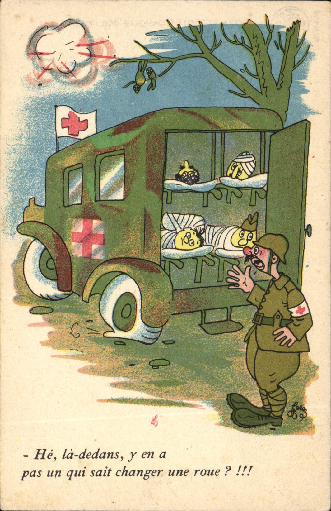 Ambulance militaire — soldat demandant aide pour changer une roue — Collection Comique Militaire 161
