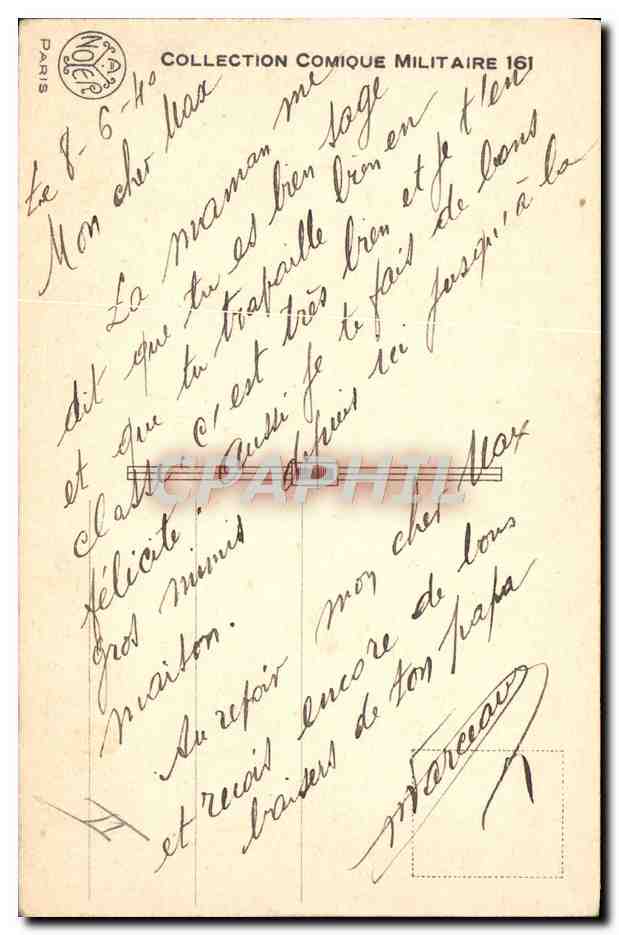 Ambulance militaire — soldat demandant aide pour changer une roue — Collection Comique Militaire 161 — Verso
