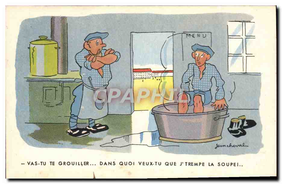 Cuisine — scène humoristique avec deux hommes — Jean Cheval