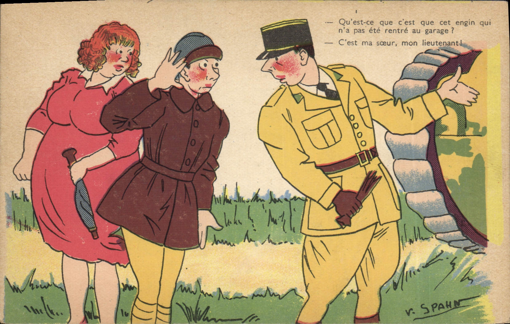 Scène humoristique avec soldat et deux civils — V. SPAHN — Série C.C. 612