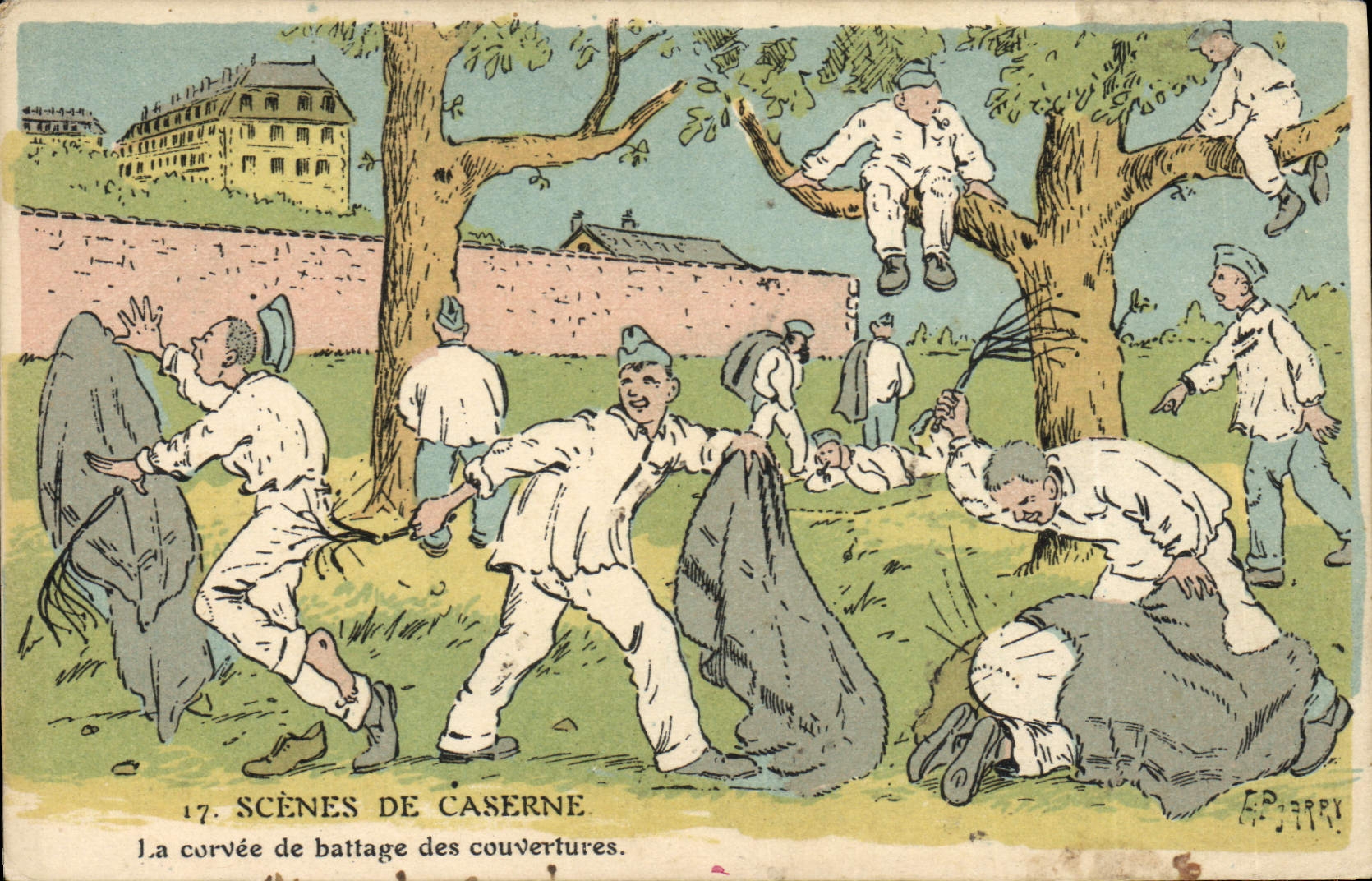 Scènes de caserne — La curvée de battage des couvertures — Éditeur P. PARRY, n°17