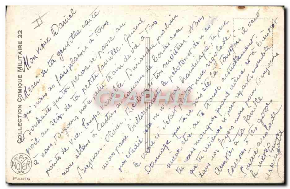 Courrier cycliste et adjudant — caricature militaire — éditeur NOËR, Paris — Verso