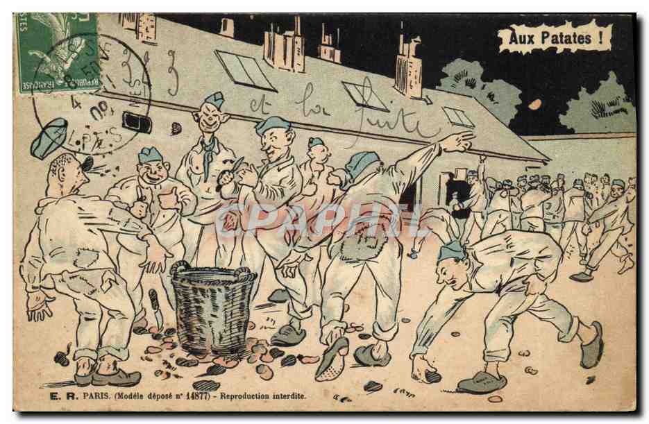 Soldats en train de cueillir des pommes de terre — E. R. PARIS (Modèle déposé n° 14877)