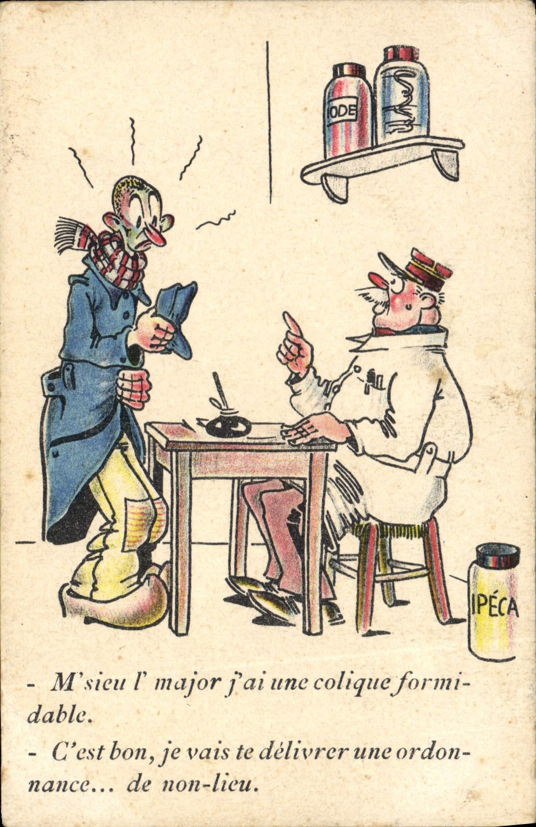 Médecin et patient — caricature humoristique — Noër, Collection Comique Militaire 88 - Recto