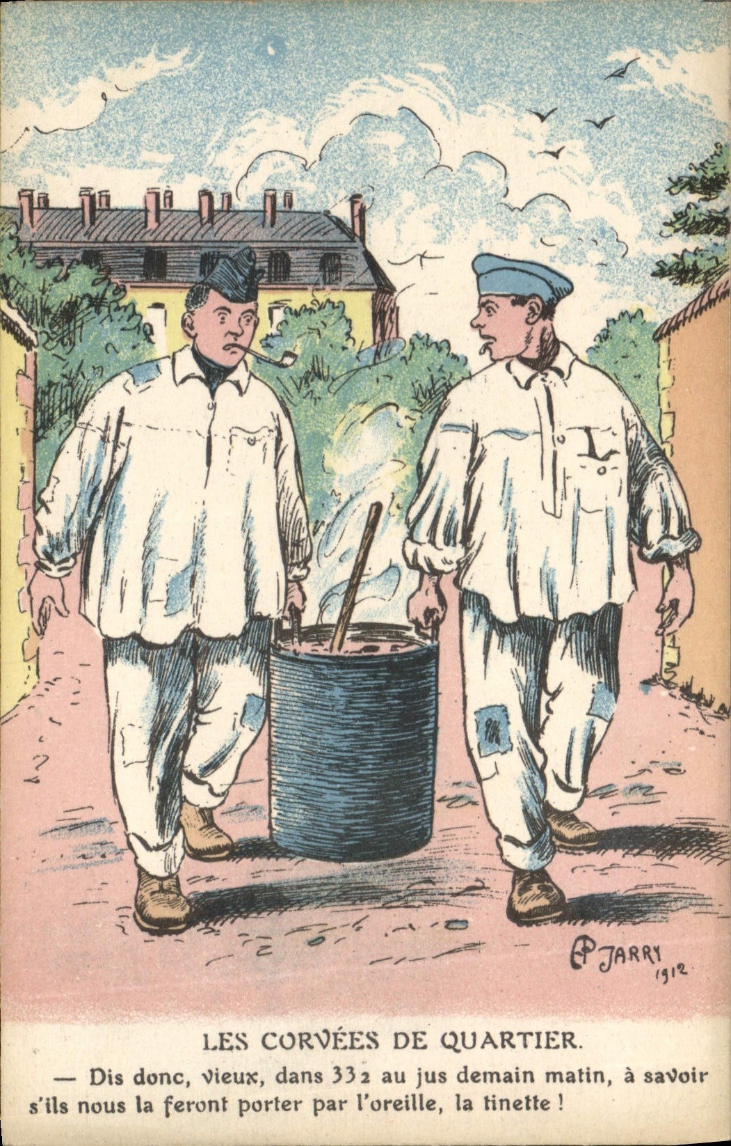 Les corvées de quartier — caricature militaire — P. JARRY 1912