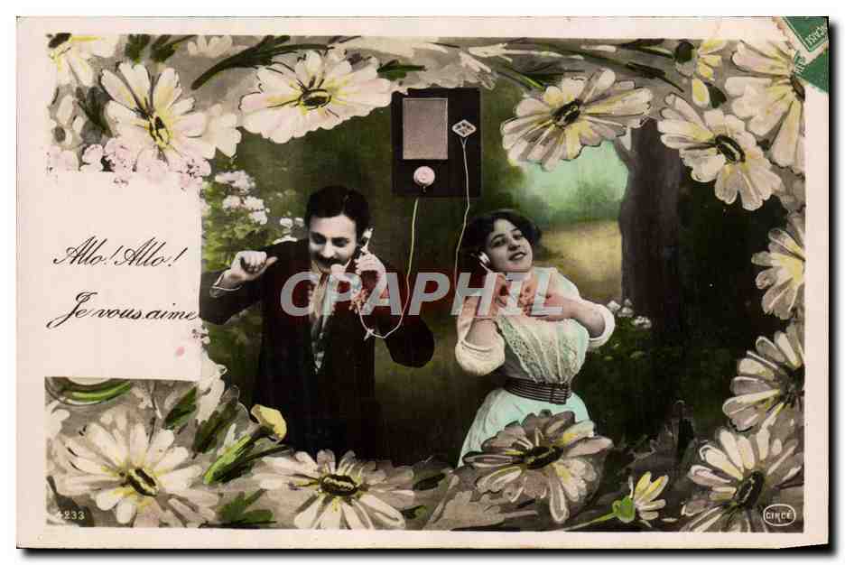 Amour téléphonique — scène en extérieur avec fleurs — éditeur CINCE n°2233