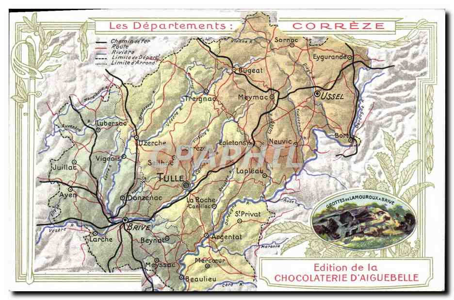 CPA Cartes geographiques Chocolaterie d'Aiguebelle Correze Grottes de Lamouroux a Brive