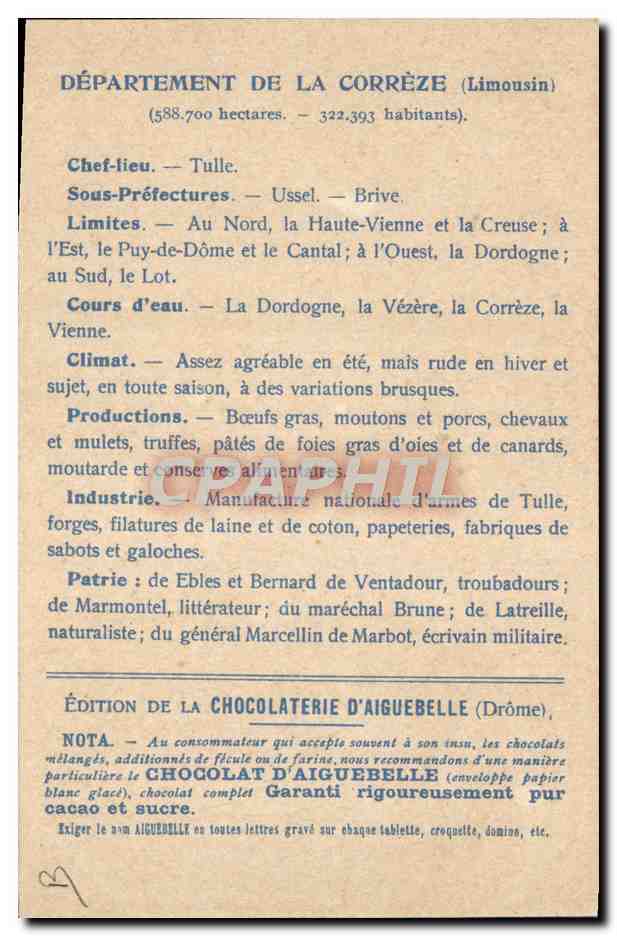 CPA Cartes geographiques Chocolaterie d'Aiguebelle Correze Grottes de Lamouroux a Brive — Rückseite