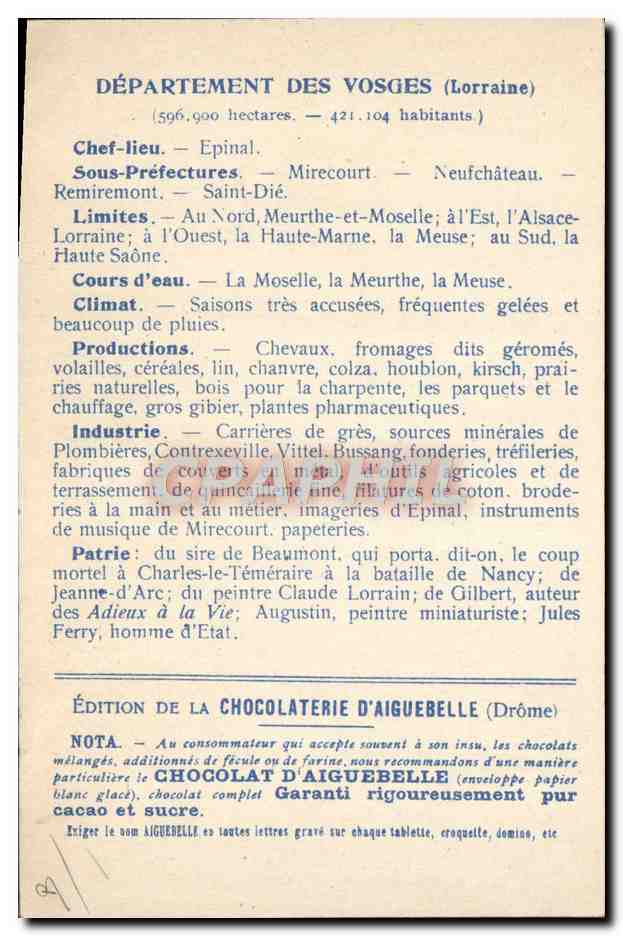 Die Departemente: VOSGES — Ausgabe der CHOCOLATERIE D'AIGUEBELLE — Rückseite