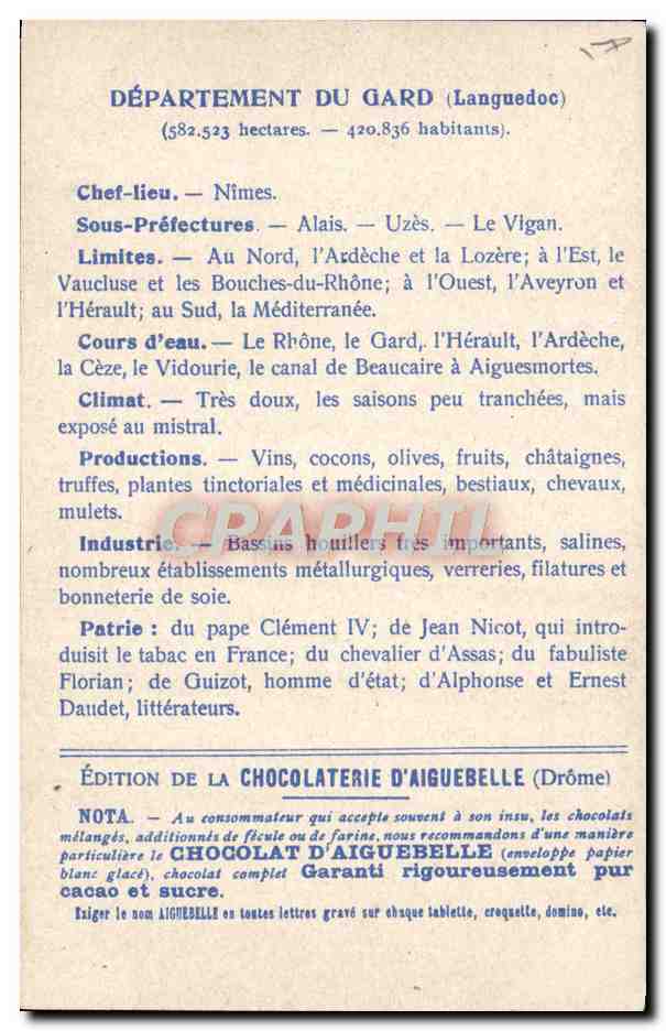 CPA Cartes geographiques Chocolaterie d'Aiguebelle Gard Arenes de Nimes — Rückseite