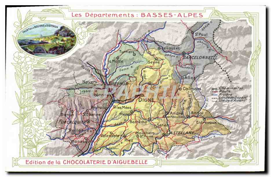 CPA Cartes geographiques Chocolaterie d'Aiguebelle Basses Alpes Bourne Sisteron