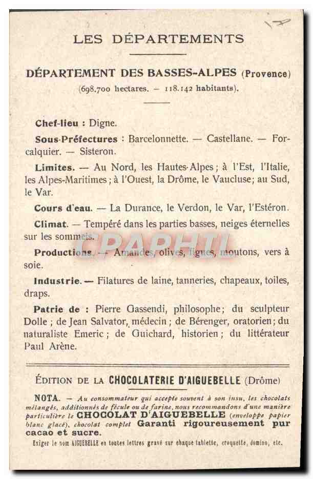 CPA Cartes geographiques Chocolaterie d'Aiguebelle Basses Alpes Bourne Sisteron — Rückseite