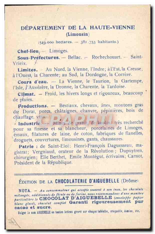 CPA Cartes geographiques Chocolaterie d'Aiguebelle Haute Vienne Limoges — Rückseite