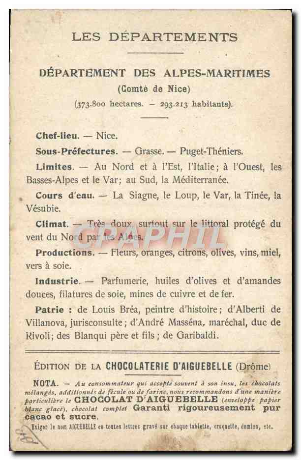 CPA Cartes geographiques Chocolaterie d'Aiguebelle Alpes Maritimes Promenade des Anglais — Rückseite