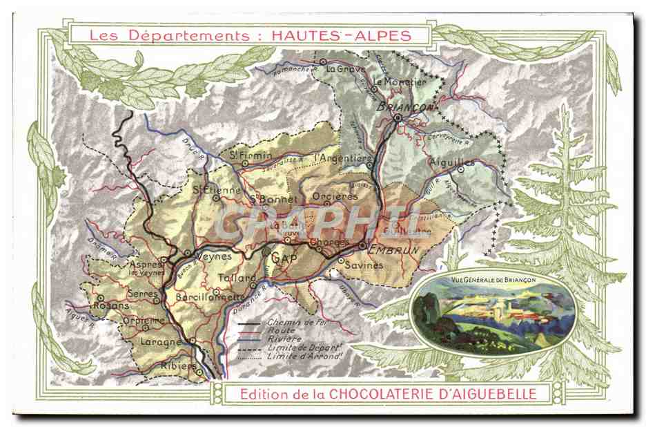 CPA Cartes geographiques Chocolaterie d'Aiguebelle Hautes Alpes Vue generale de Briancon