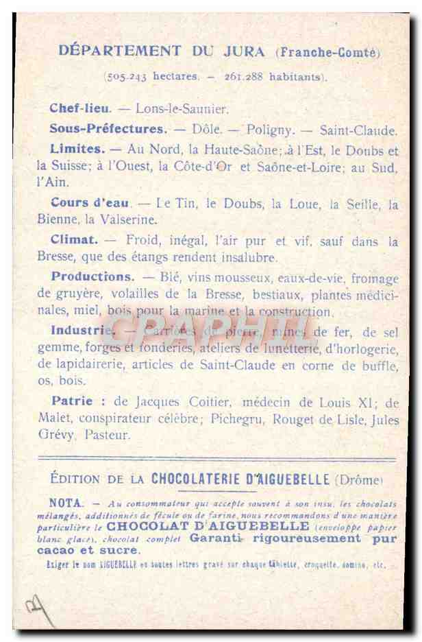 Département du Jura — Carte géographique et descriptive — Édition de la Chocolaterie d'Aiguebelle — Rückseite