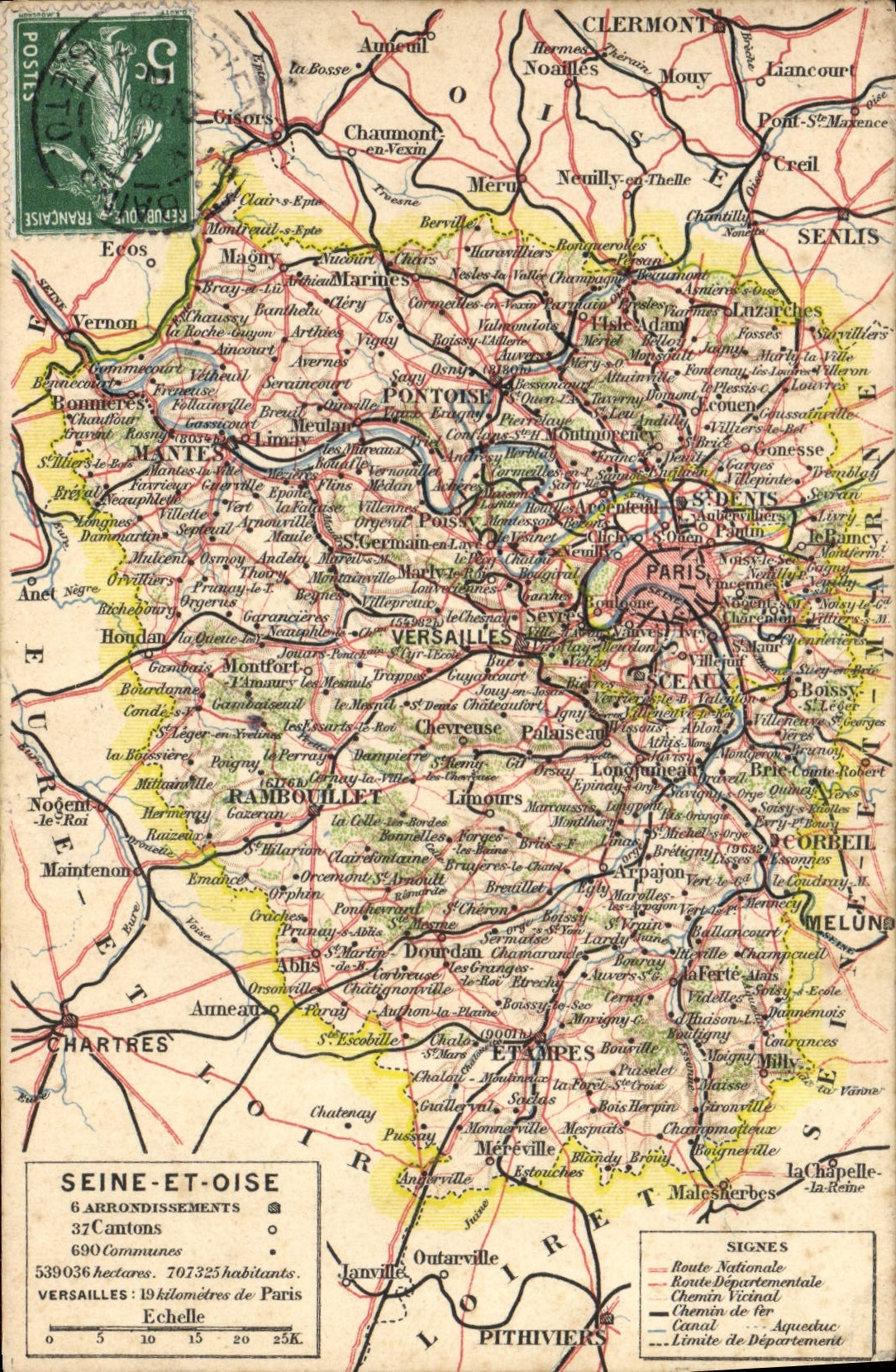 Tarjeta postal cartográfica de la Seine-et-Oise — editor no identificado, número de serie no visible