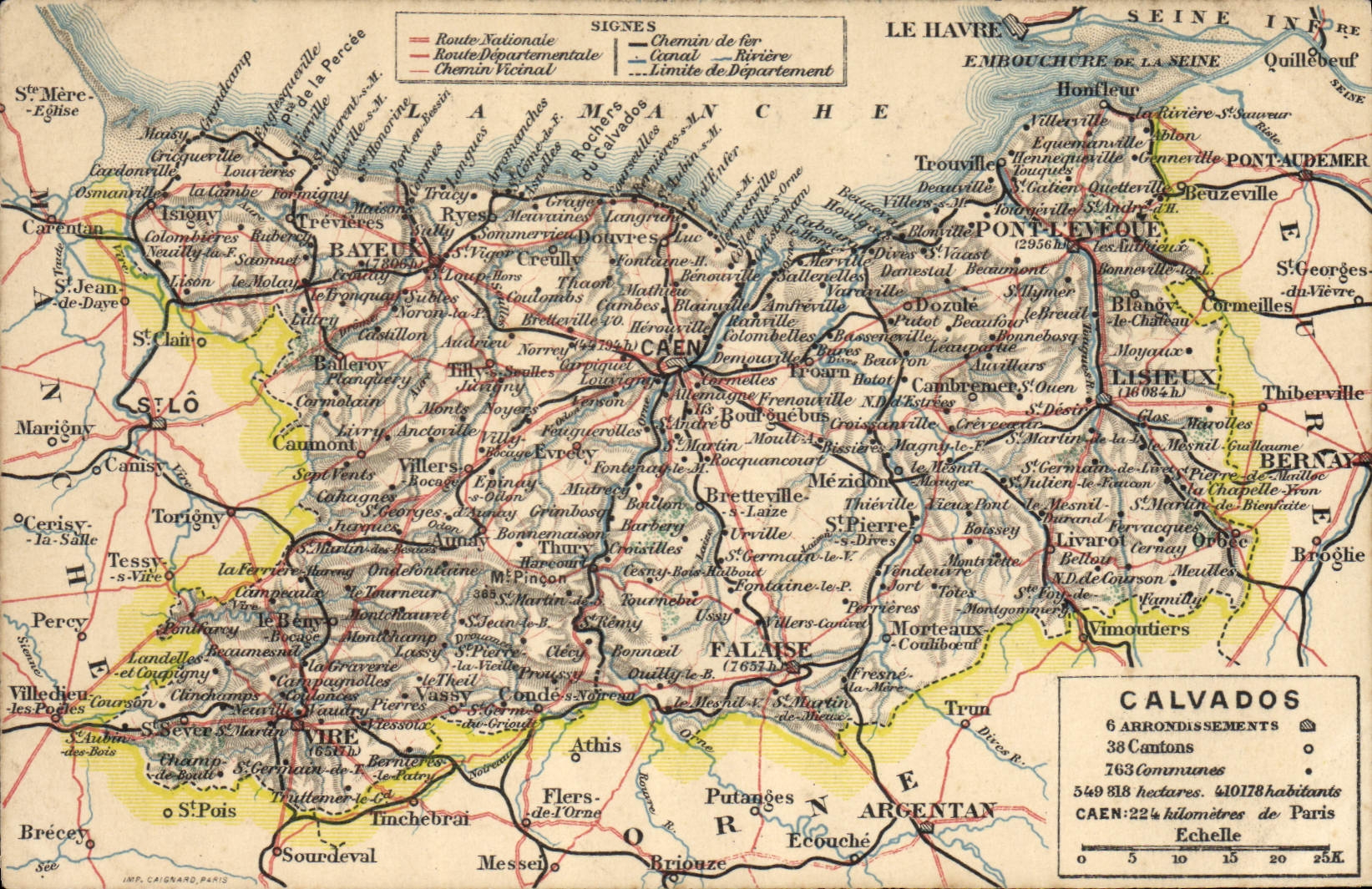 Tarjeta postal geográfica del Calvados — editor IMP. CAUDRAN, PARIS
