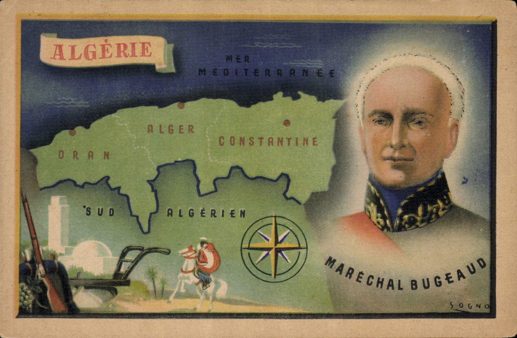 Algérie — carte géographique avec portrait du maréchal Bugeaud — éditeur Sogno