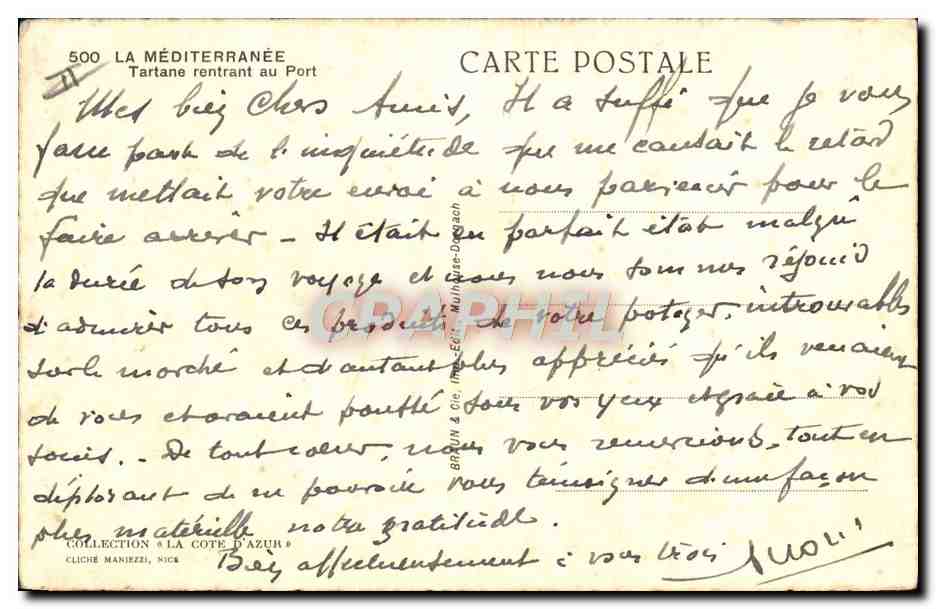 La Méditerranée — Tartane rentrant au port — Cliché Manirezi, Nice — Verso