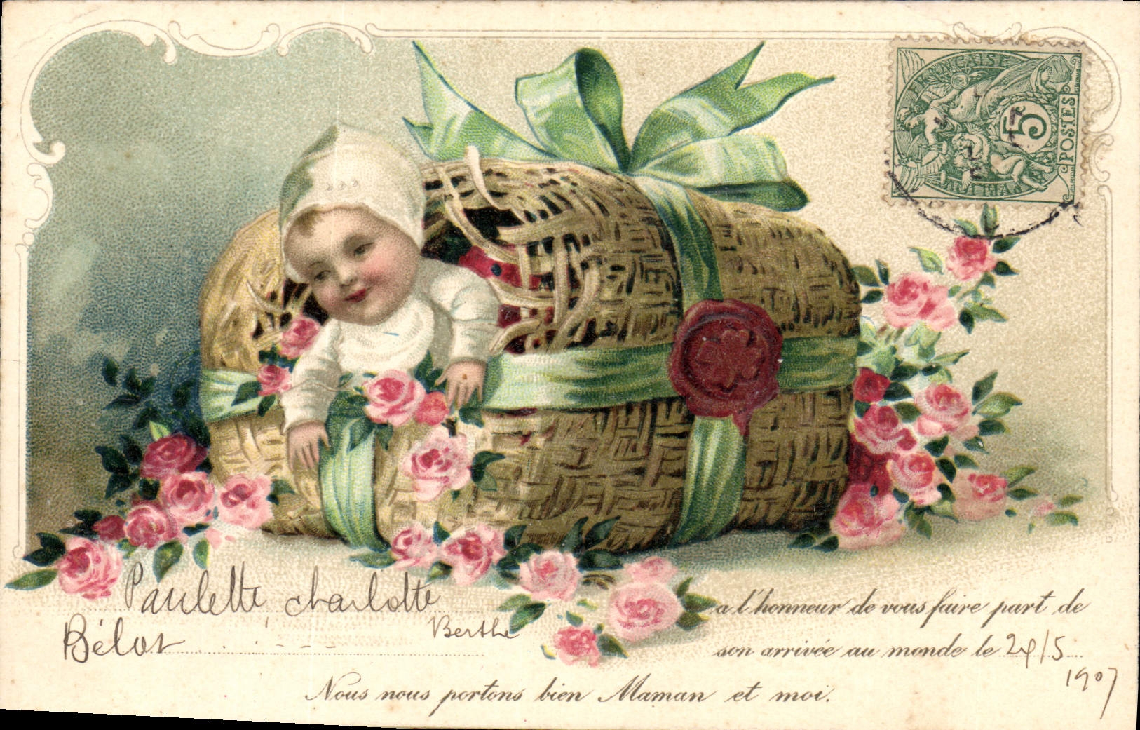 Bélois — Naissance de Paulette Charlotte Berthe — Carte postale française