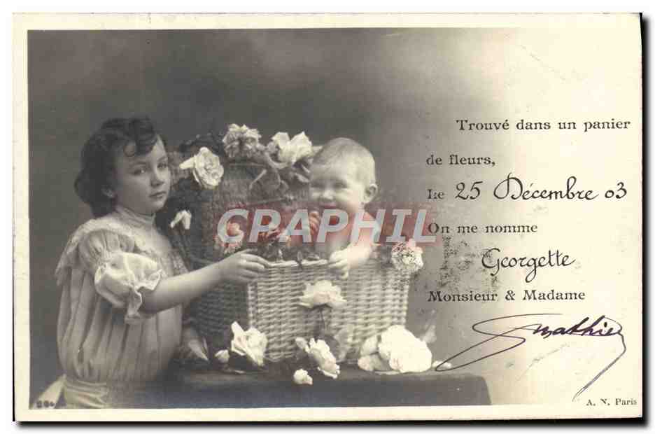 Enfant et petite fille — trouvée dans un panier de fleurs — A. N. Paris, n° 284