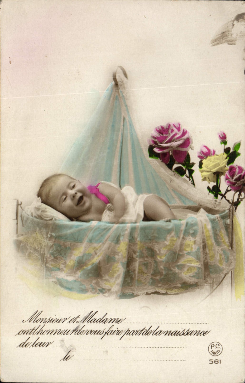 Nouveau-né dans un berceau à voile — éditeur P-C, n° 561
