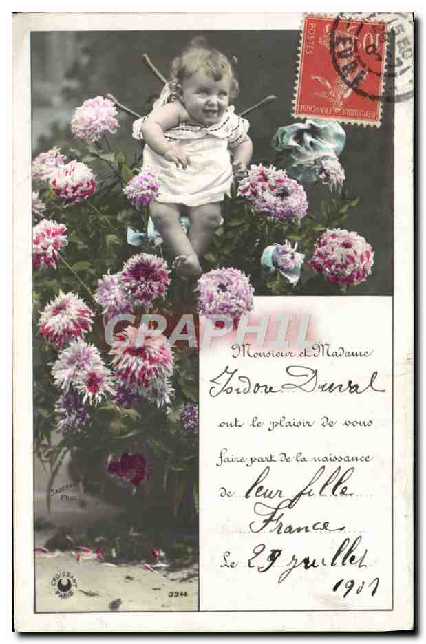 Bébé parmi des dahlias — Sèvres Phos, n°3344 — Paris
