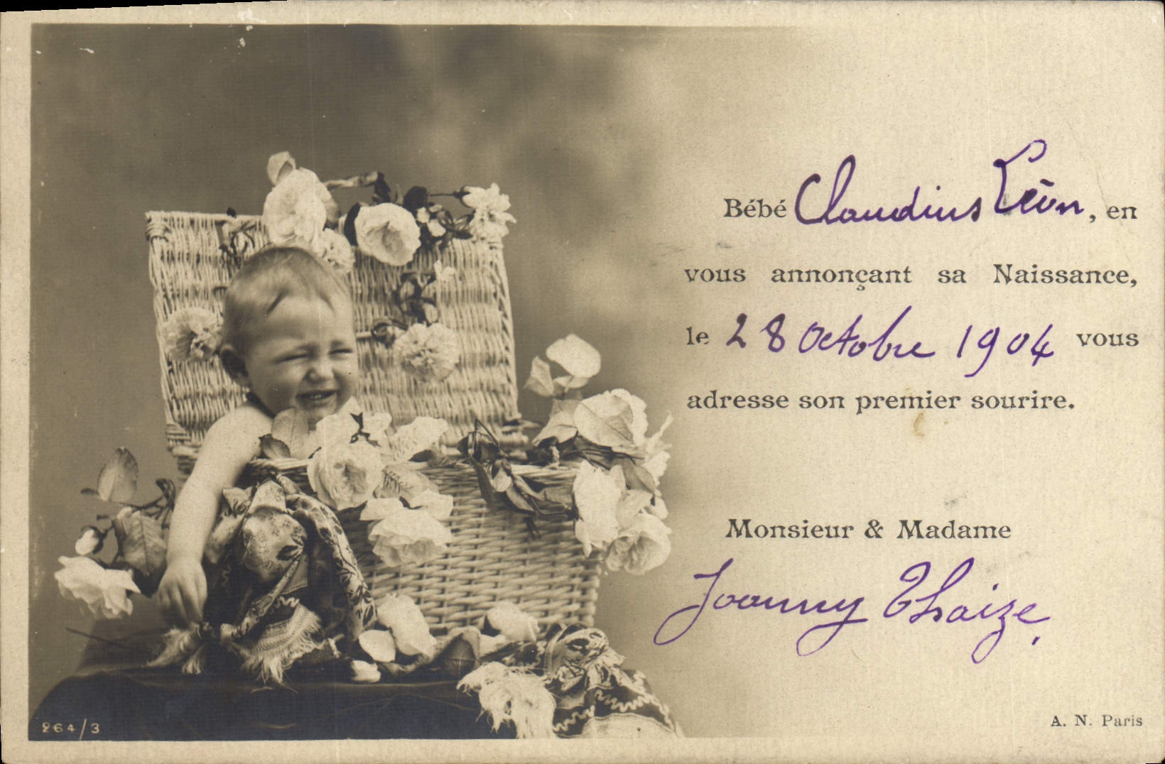Bébé Claudius Léon — annonce de naissance — A.N. Paris, n° 264/3