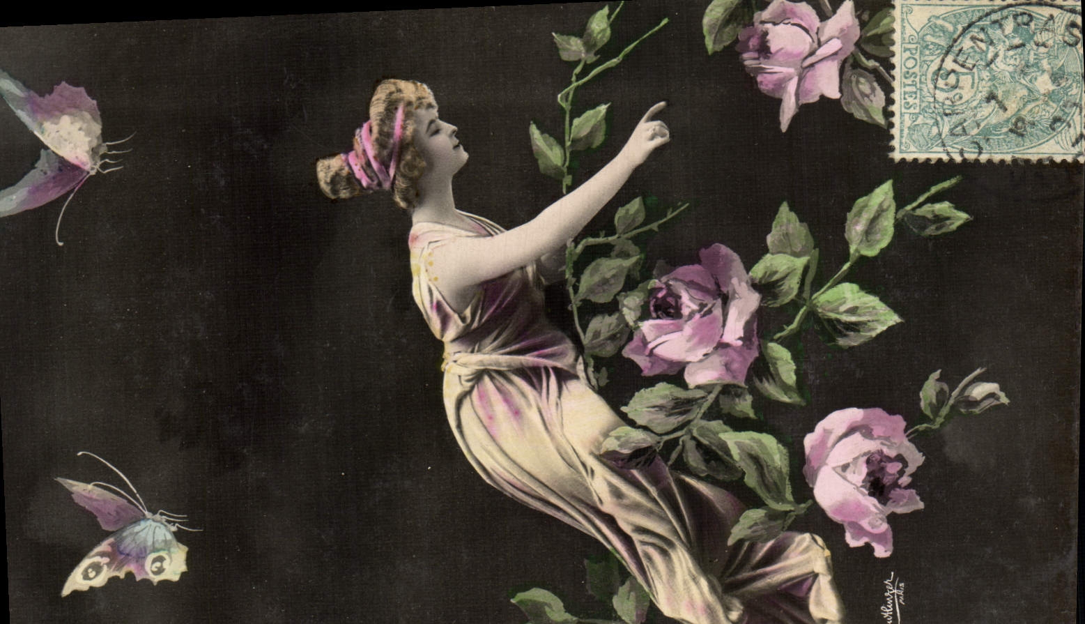 Femme en robe violette entourée de roses et de papillons — éditeur : Alberge, n° 127