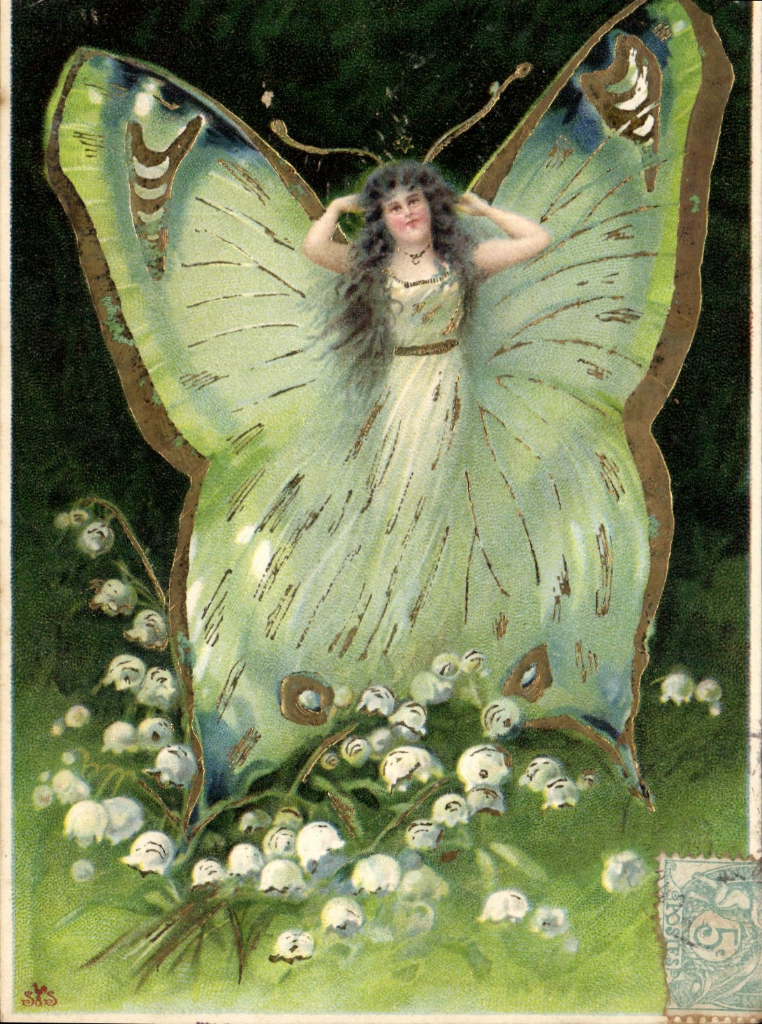 Fée papillon — dans un jardin de muguet — éditeur inconnu, n° de série non visible