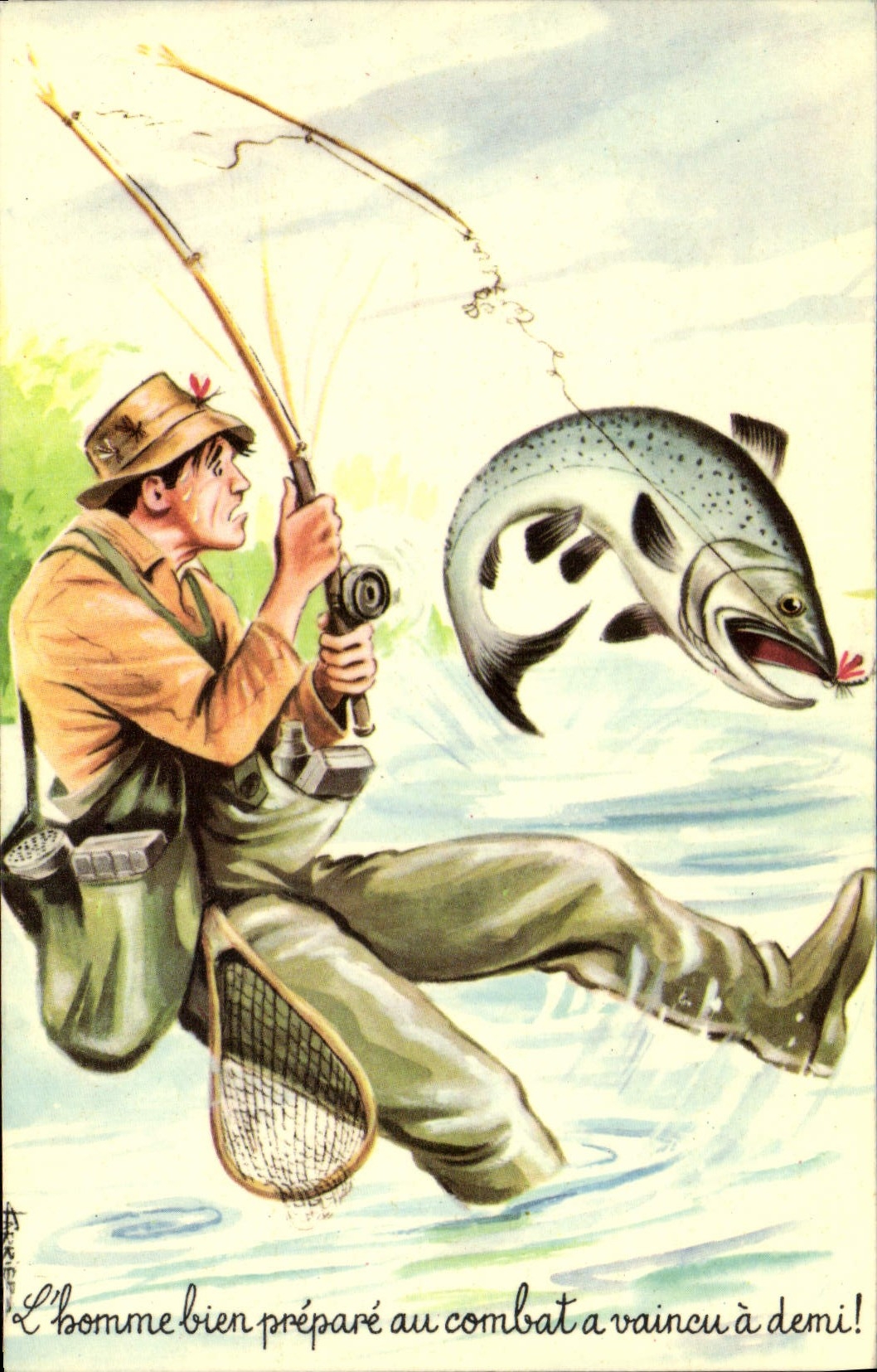 CPA Fantaisie Humour Peche Pecheur Saumon 