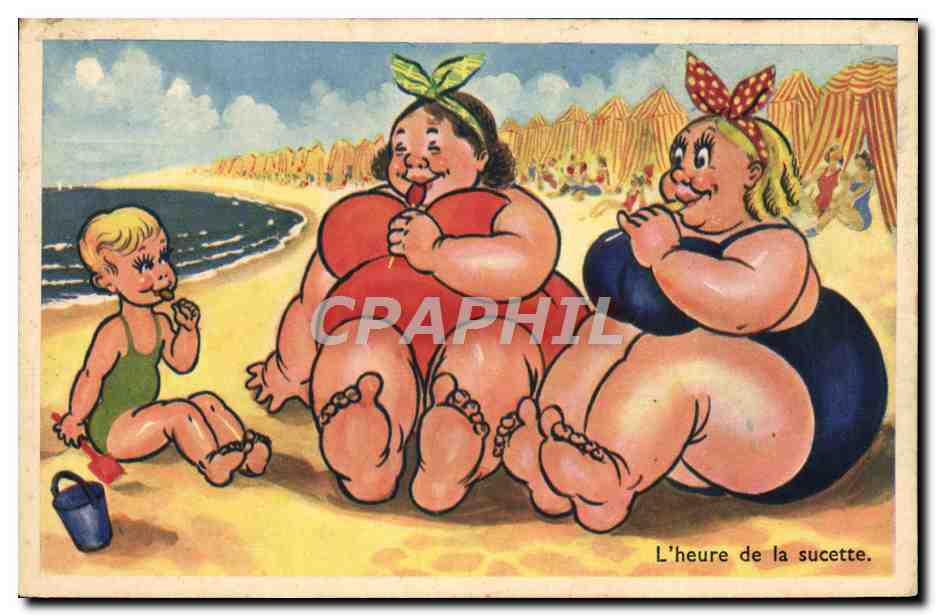 CPA Fantaisie Humour Femme Plage L'heure de la sucette 