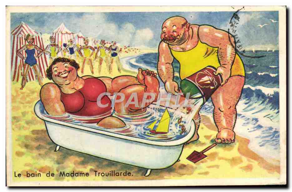 CPA Fantaisie Humour Plage Madame Trouillarde Femme forte 