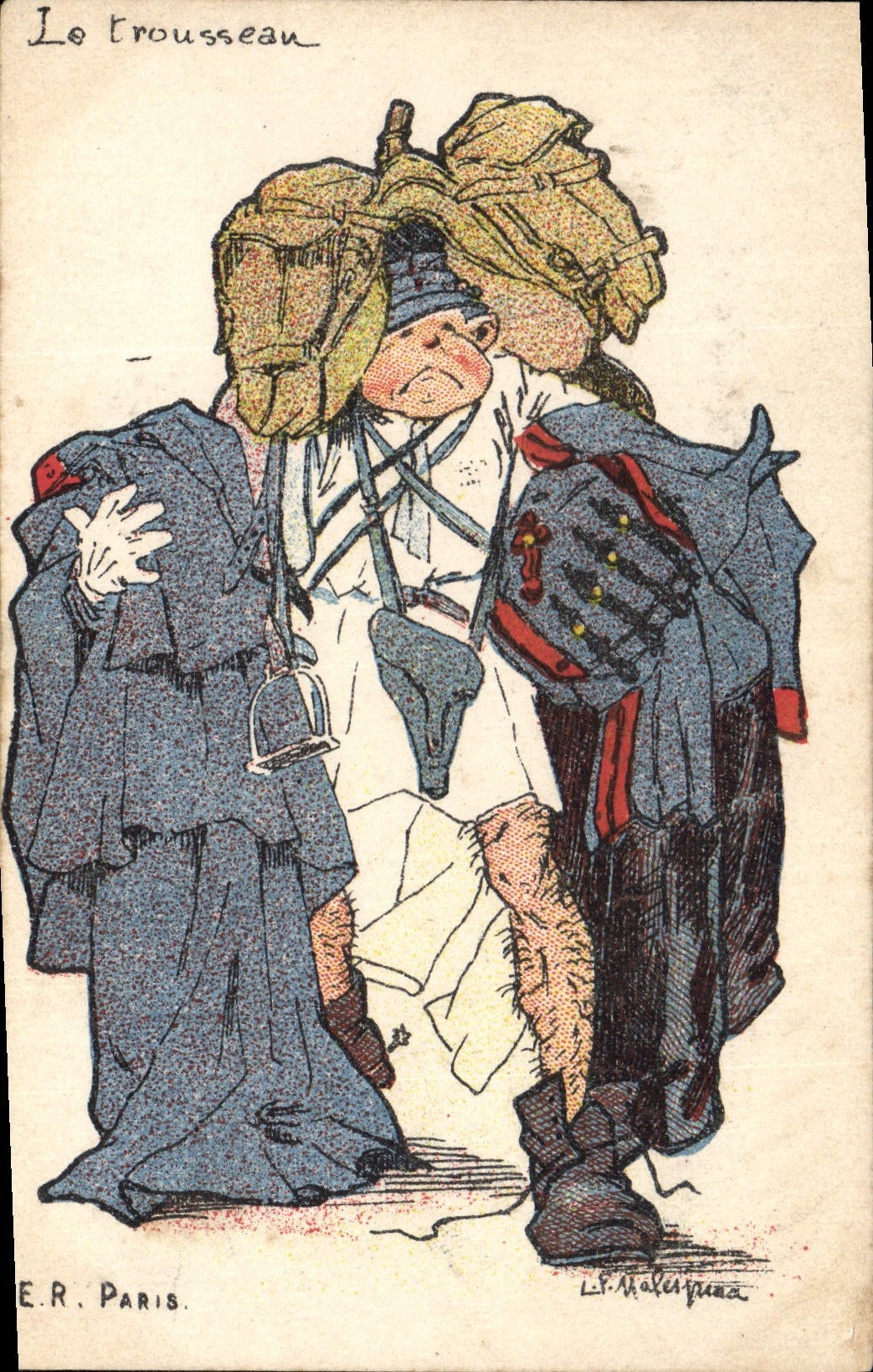 Das Bündel — Karikatur von Soldaten — E.R. Paris