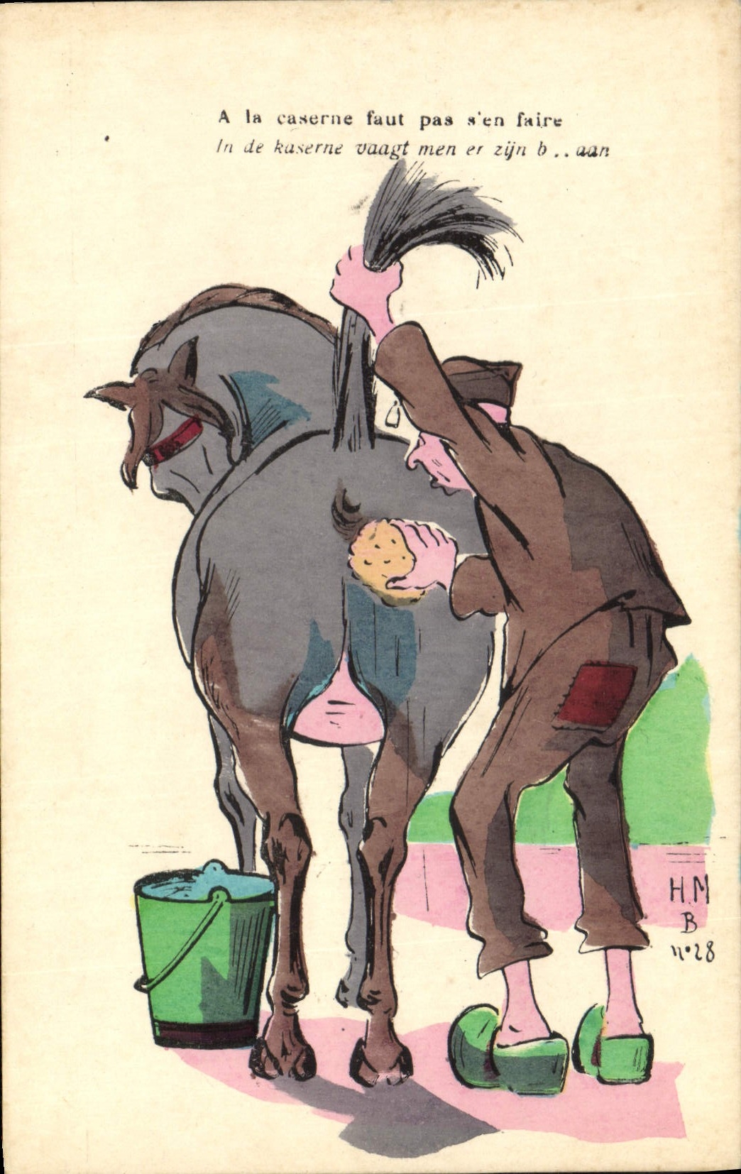 Soldat lavant un cheval — caricature humoristique — H.M.B. n°28