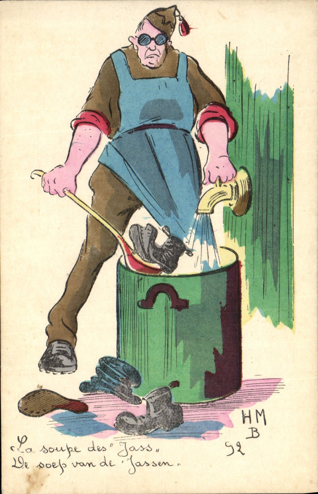 La soupe des "Jass" — caricature d'un homme avec une louche et des chaussures dans un chaudron — HM B 52