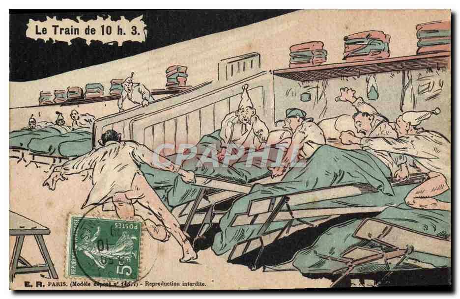 Le Train de 10 h. 3. — Scène de voyageurs dans un wagon couchette — E. R. PARIS (Modèle dépôt n°13671)
