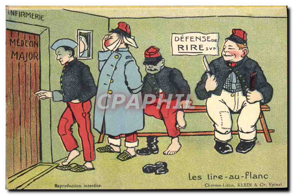 Les tire-au-flanc — Infirmerie militaire — Chromo-Litho KLEIN & Cie, Epinal