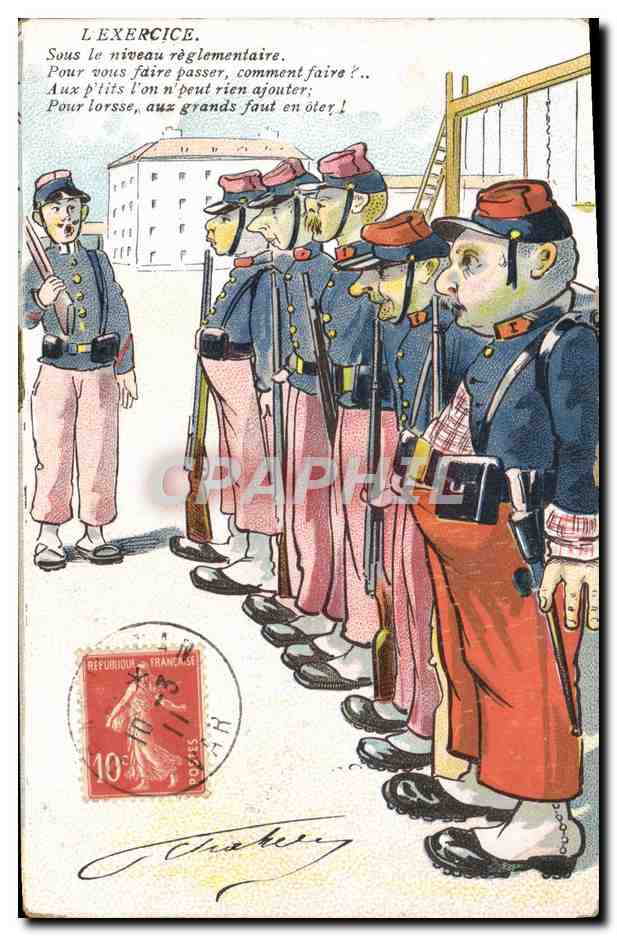 Por debajo del nivel reglamentario — ejercicio militar caricaturizado — K. F. Editores, París, Serie 1304