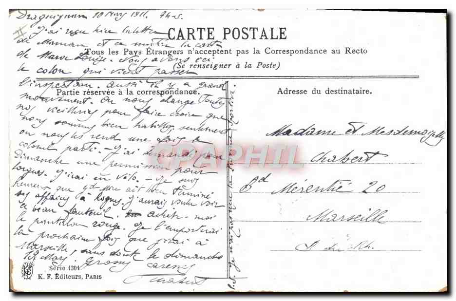 Por debajo del nivel reglamentario — ejercicio militar caricaturizado — K. F. Editores, París, Serie 1304 — Reverso