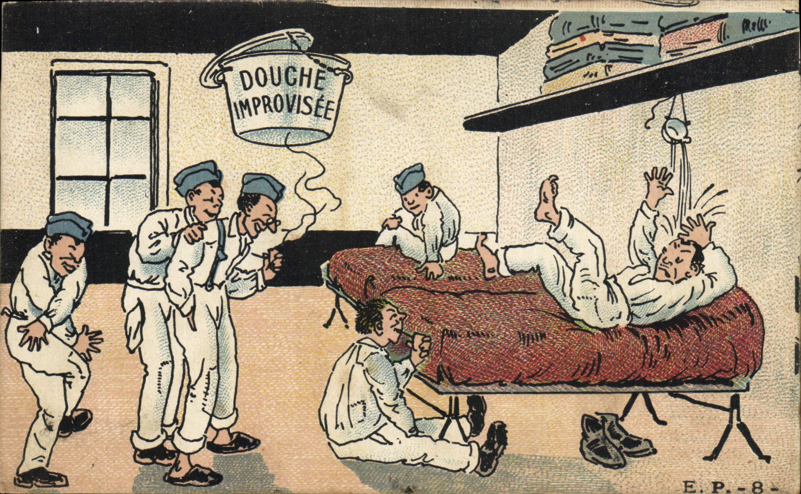 Douche improvisée — caricature militaire — E.P.-8 — I. Molls