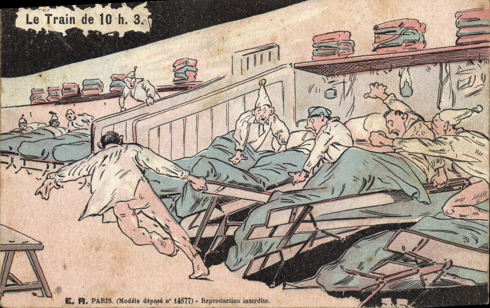 Le Train de 10 h. 3. — Scène de réveil dans une voiture de nuit — E. R. PARIS (Modèle déposé n° 14877)