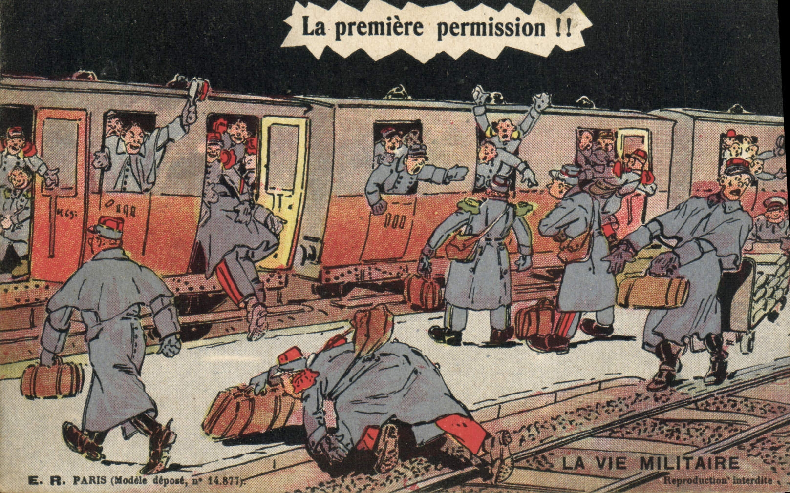 Soldats en permission — La première permission !! — E. R. PARIS (Modèle déposé, n° 14.877) — LA VIE MILITAIRE