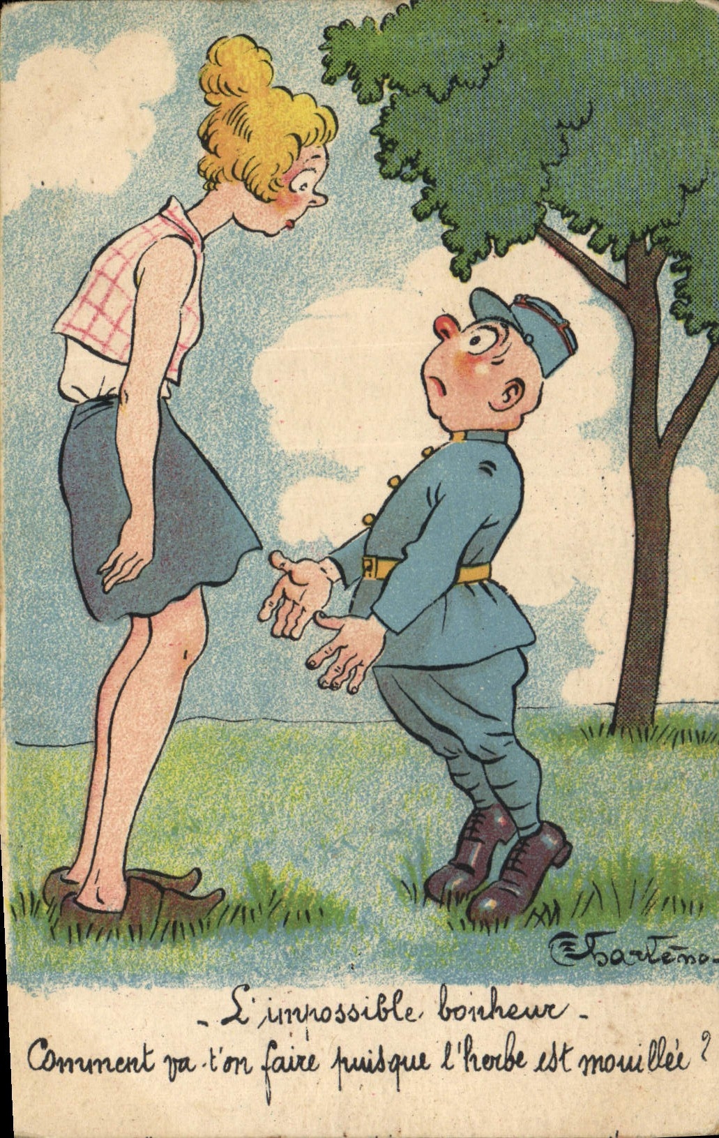 Soldat et jeune femme — scène humoristique — Éditeur É. Bartemo