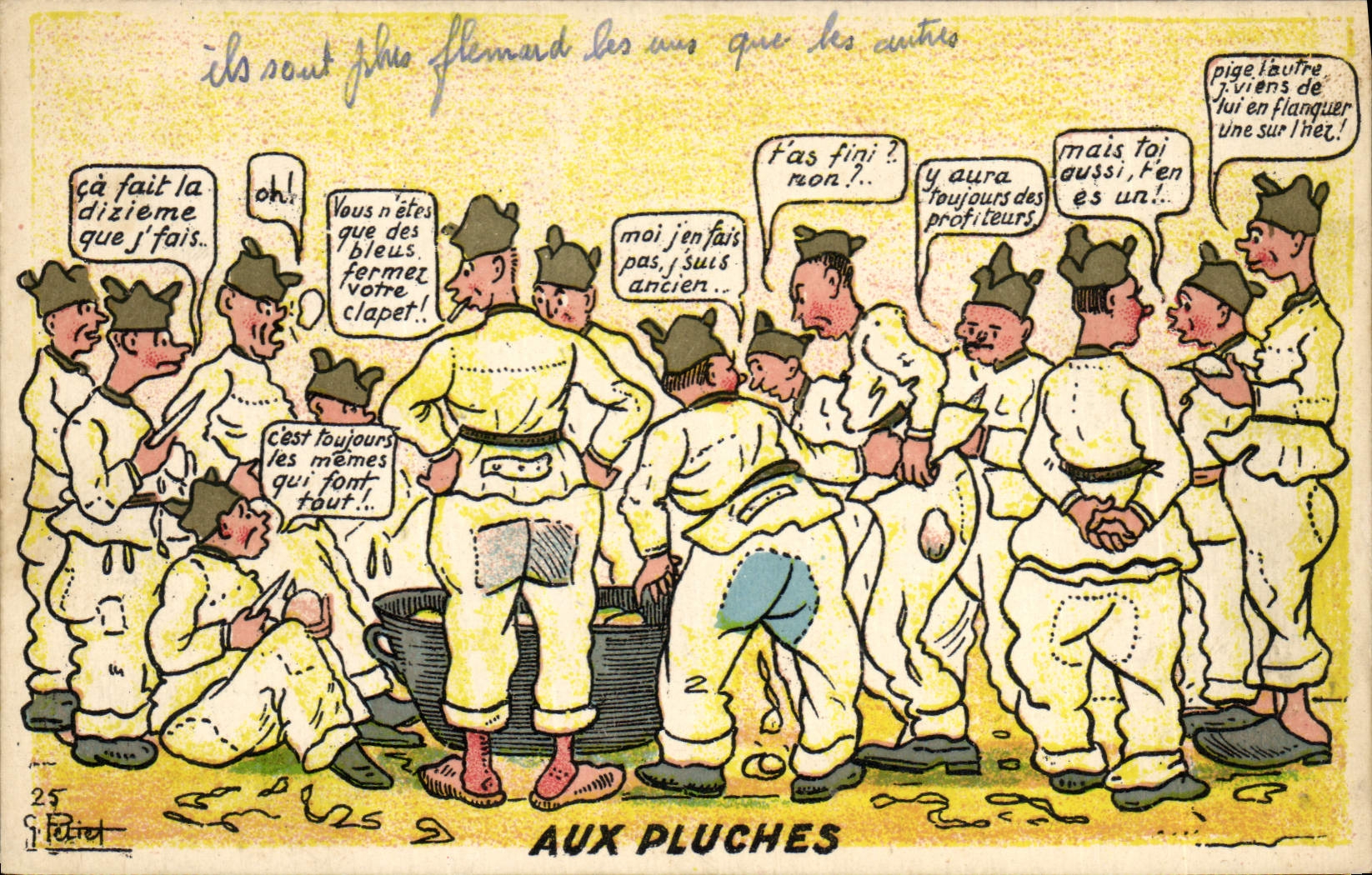 Aux Pluches — caricature de soldats en uniforme jaune — G. Fétret, n°25